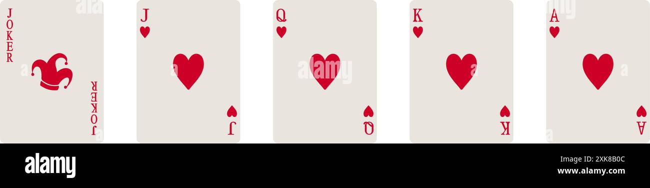Set di carte da gioco di cuori di alto valore, tra cui Jack, regina, re, asso e jolly in vettore Illustrazione Vettoriale
