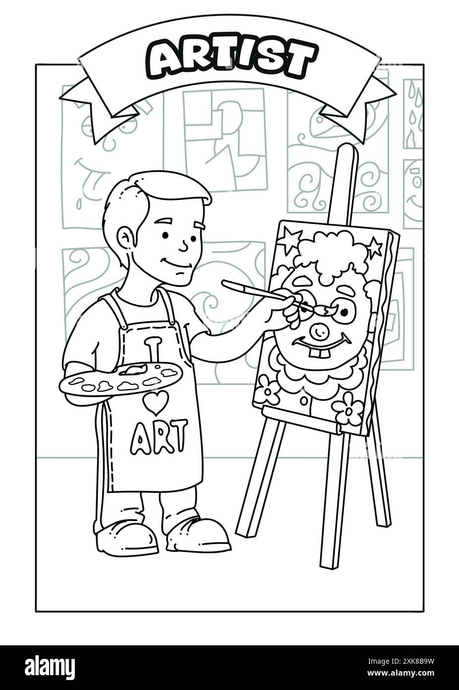 Disegno continuo in bianco e nero di un artista su tela. Una pagina di colorazione creativa per i bambini per esplorare le professioni artistiche. Foglio di lavoro. Foto Stock