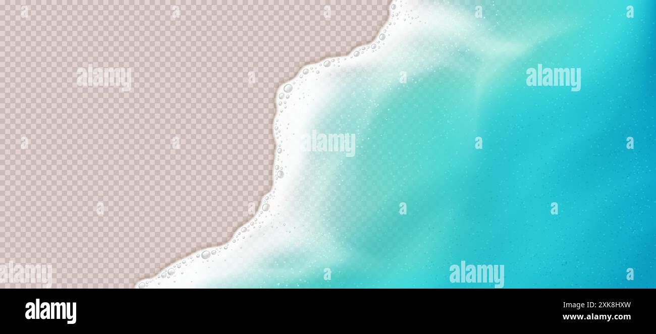 Vettore dell'onda marina con schiuma schiumosa su sfondo trasparente. Acque cristalline e spiaggia sabbiosa che creano una rappresentazione serena e naturalistica Illustrazione Vettoriale