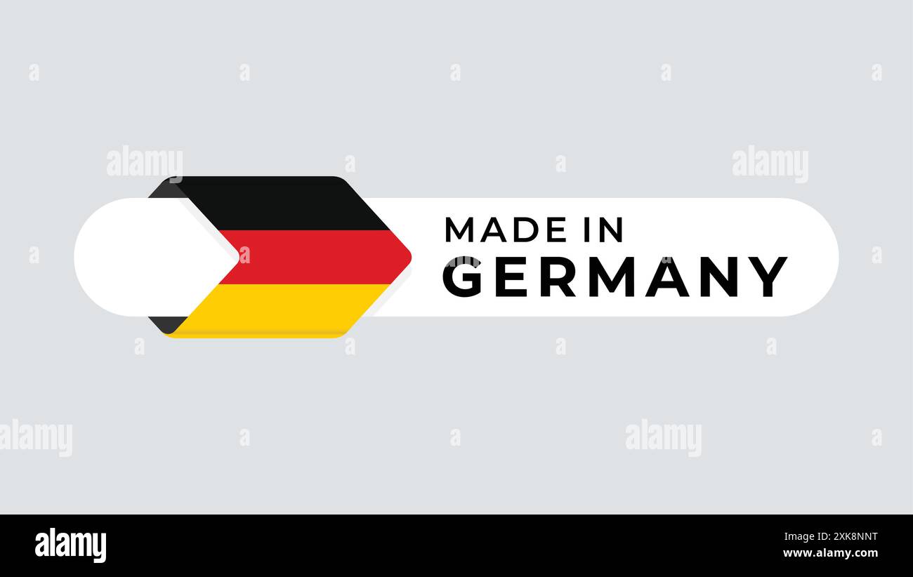 Etichetta vettoriale fabbricata in Germania con l'icona a forma di freccia e telaio rotondo. per logo, etichette, insegne, sigilli, etichette, firma, sigillo, simbolo, distintivo, timbro, adesivo Illustrazione Vettoriale