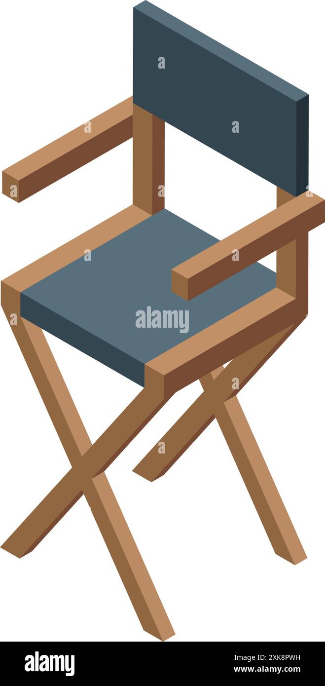 Classica sedia alta da regista con struttura in legno e tessuto blu in piedi sul set, in attesa della troupe cinematografica Illustrazione Vettoriale