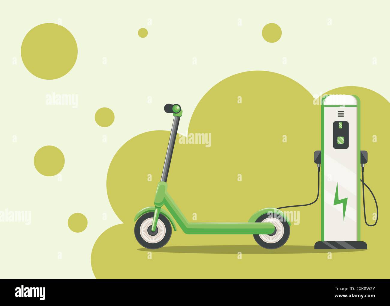 Illustrazione del trasporto urbano ecologico. Scooter elettrico caricato dalla stazione di ricarica elettrica. Scooter da calcio di colore verde, energia alternativa. Illustrazione Vettoriale