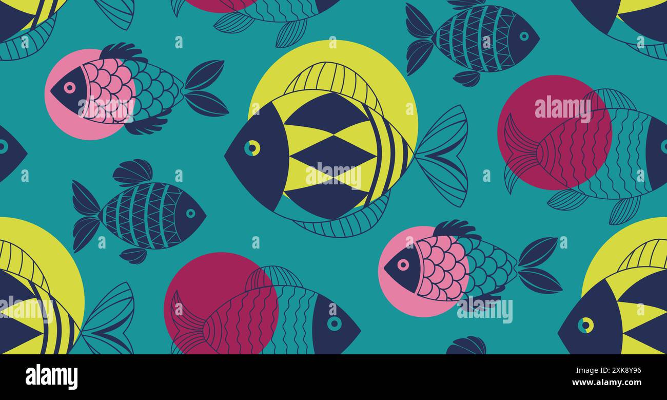Illustrazione decorativa dei pesci con motivi semplici. Motivo senza cuciture con pesci blu astratti. Design di creature sottomarine decorativi e stilizzati. Da Illustrazione Vettoriale
