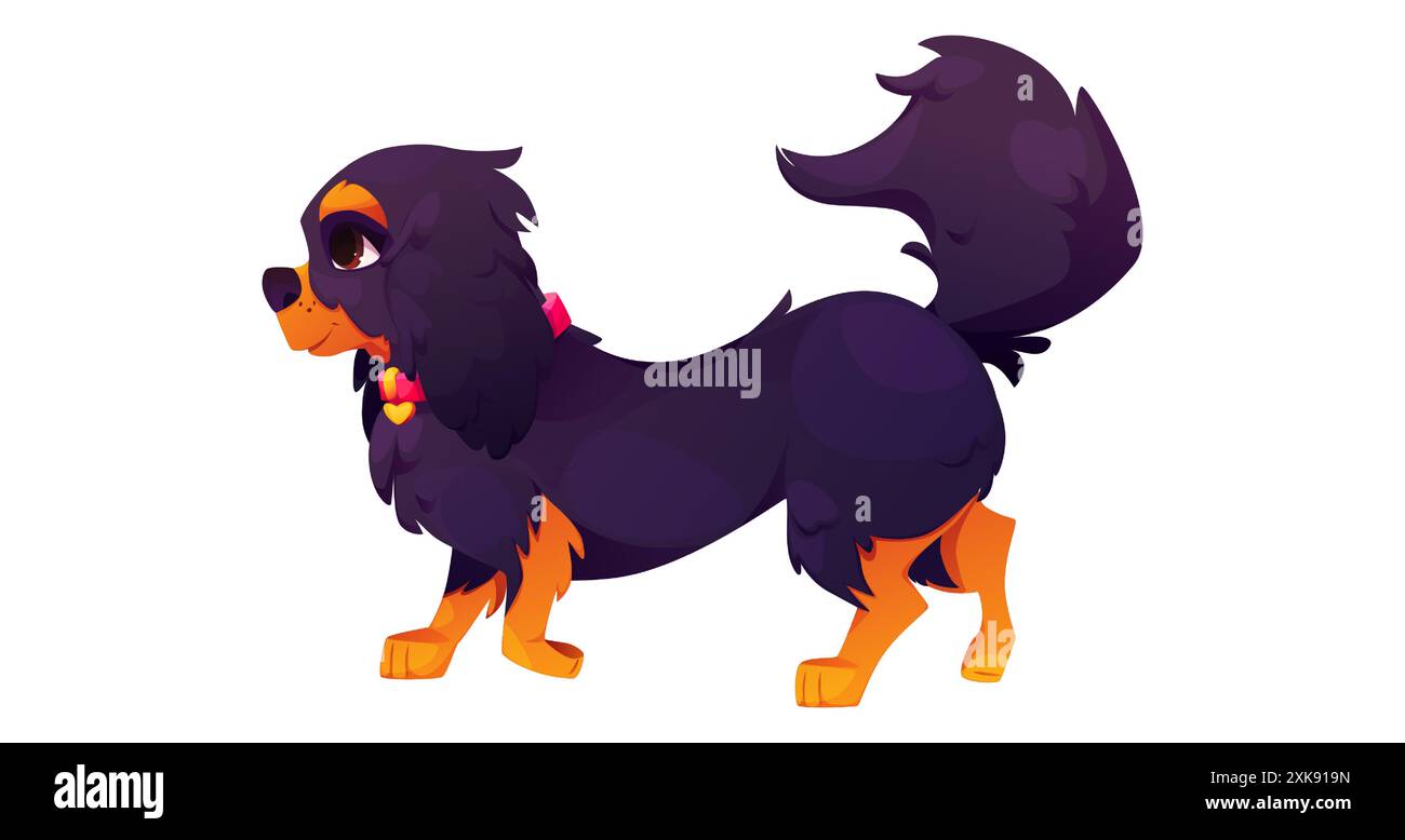 Il cavalier charles re spaniel cane isolato cartone animato. Un simpatico animale domestico da corsa di colore nero e marrone. Popolare simpatico cucciolo inglese a piedi con colletto rosso e cuore dorato che sorride clipart. Illustrazione Vettoriale