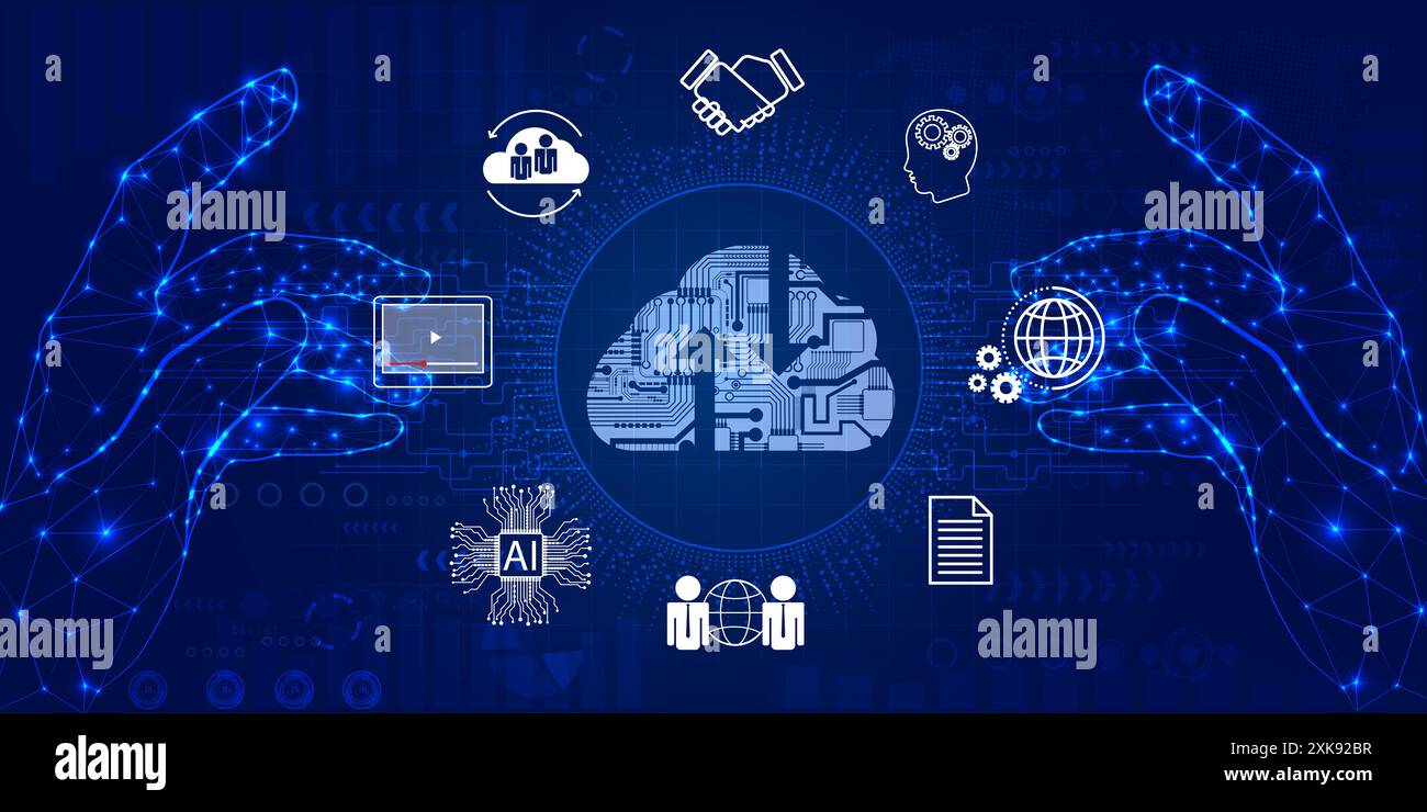 Le mani dell'uomo d'affari visualizzano grandi dati online sul cloud per analizzare la tecnologia aziendale, la tecnologia Internet e il concetto di rete di storage. Tecnologia cloud. D Foto Stock