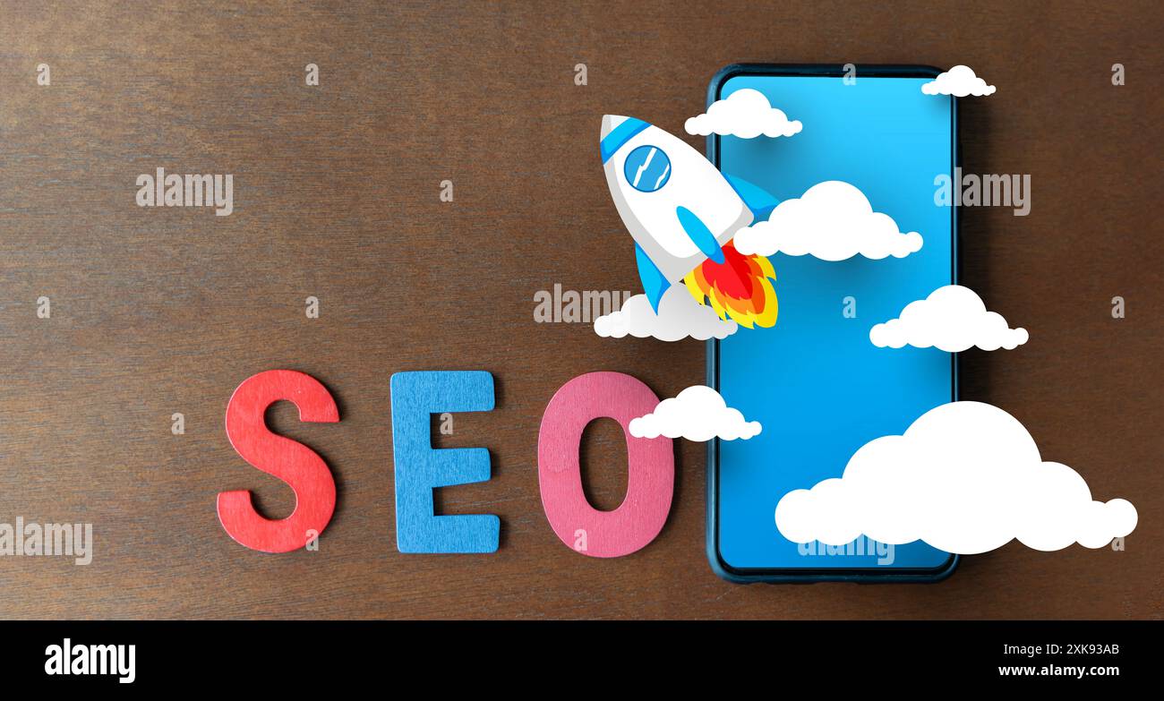 Ottimizzazione SEO 3D per il marketing di siti Web di social media su notebook. interfaccia seo per la strategia e la ricerca di siti web nel computing 3d dei notebook Foto Stock