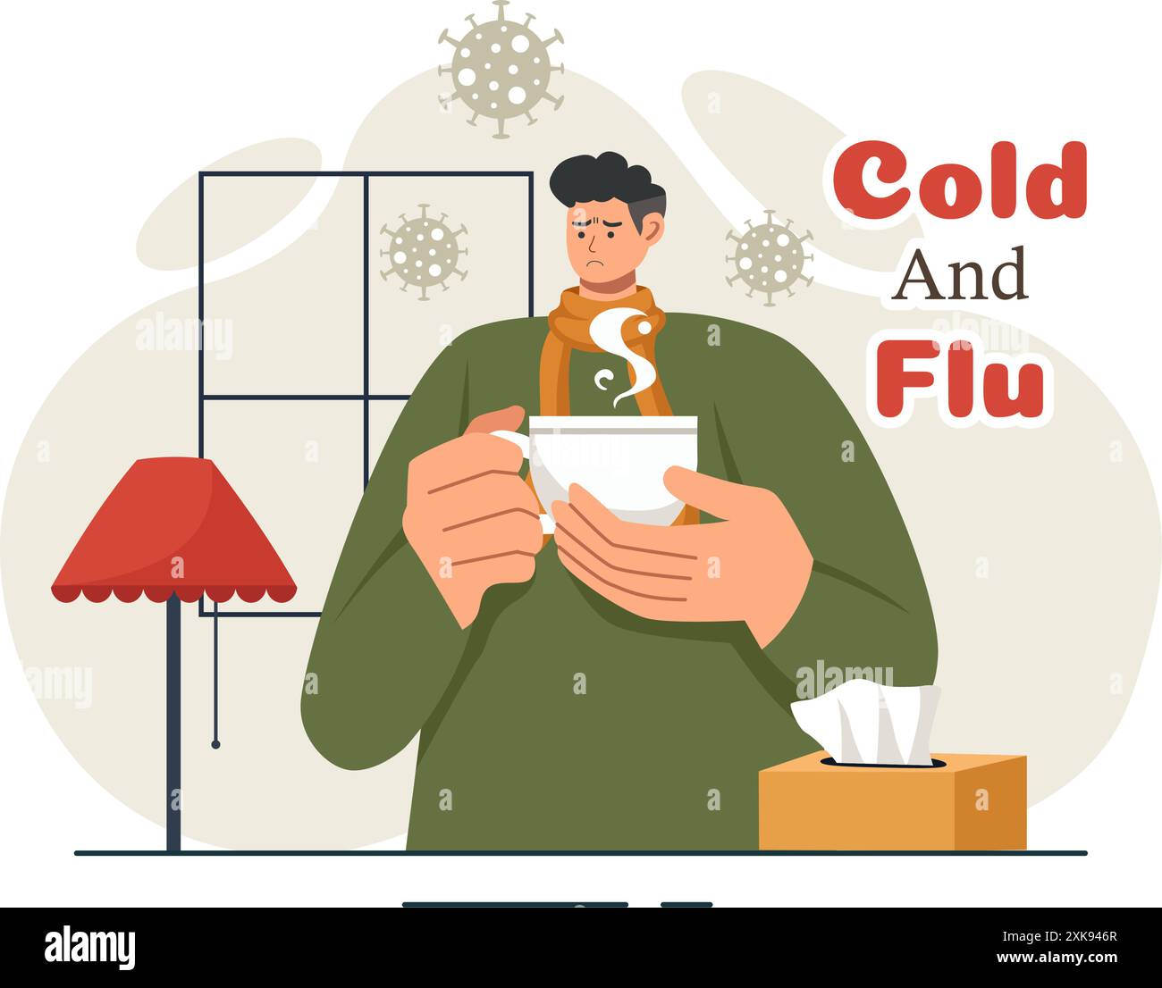 Illustrazione vettoriale di persone malate con influenza e freddo che indossano vestiti spessi, disegnato a mano in uno stile di cartone piatto per scopi sanitari su uno sfondo Illustrazione Vettoriale