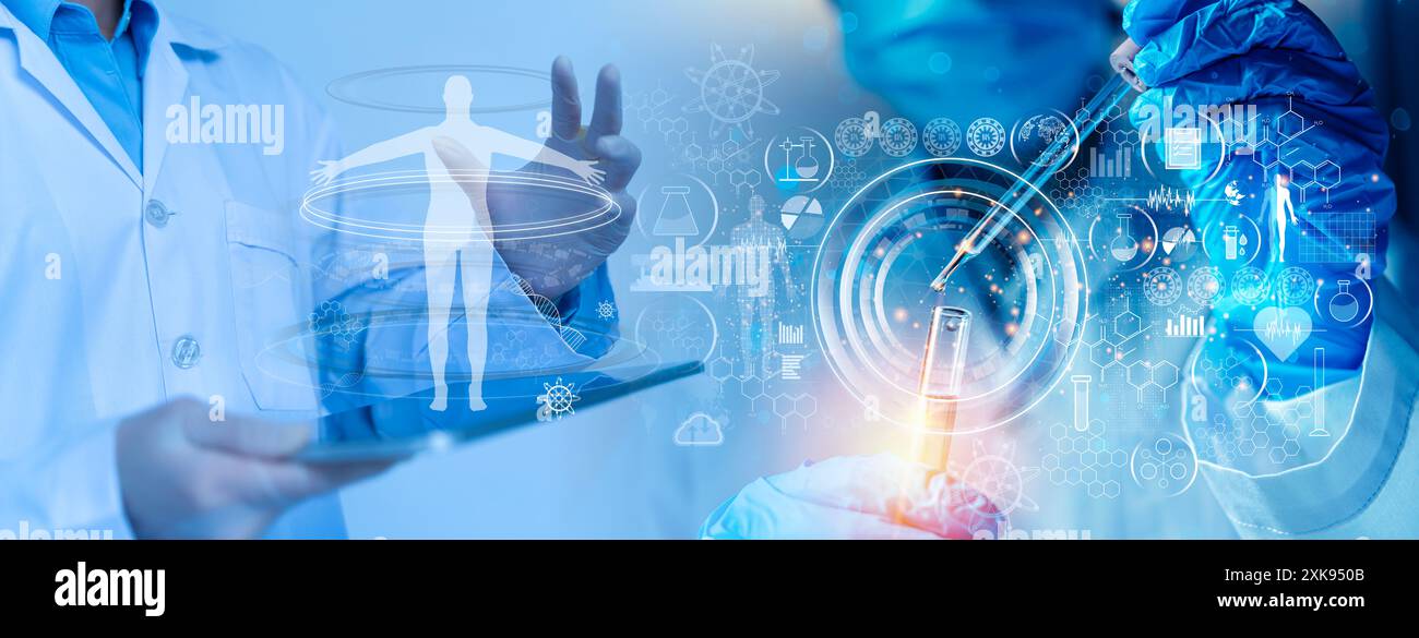 La ricerca genetica e il concetto di scienza delle biotecnologie. Biologia umana e tecnologia farmaceutica in laboratorio. Radiologo che utilizza l'hu radiografica digitale Foto Stock