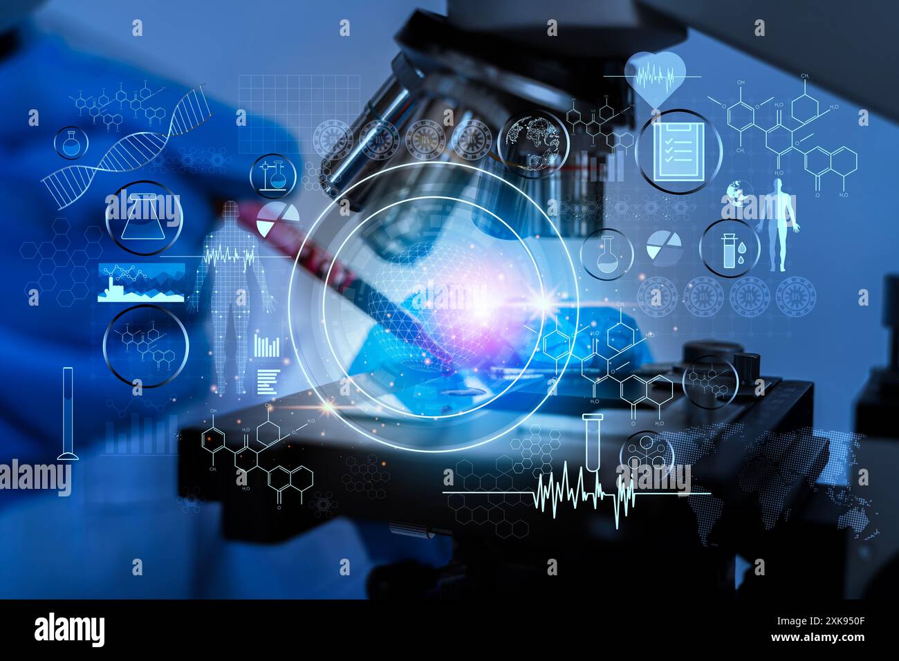 Ricerca genetica e concetti scientifici, biotecnologia, biologia umana e tecnologia farmaceutica su base di laboratorio, provette per test di laboratorio scientifico Foto Stock