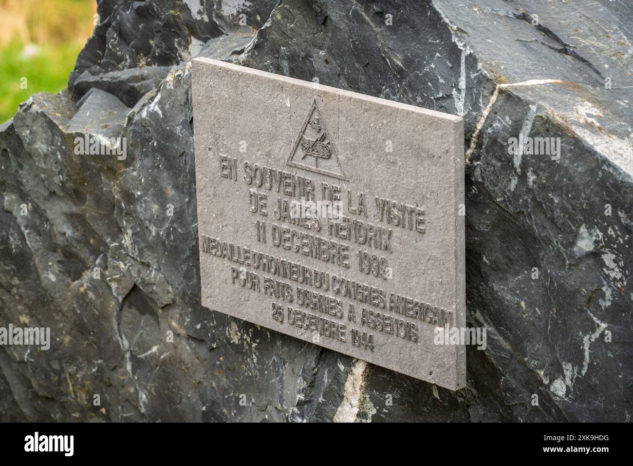 Primo piano della targa di bronzo che commemora la visita di James Hendrix l'11 dicembre 1944. Foto Stock