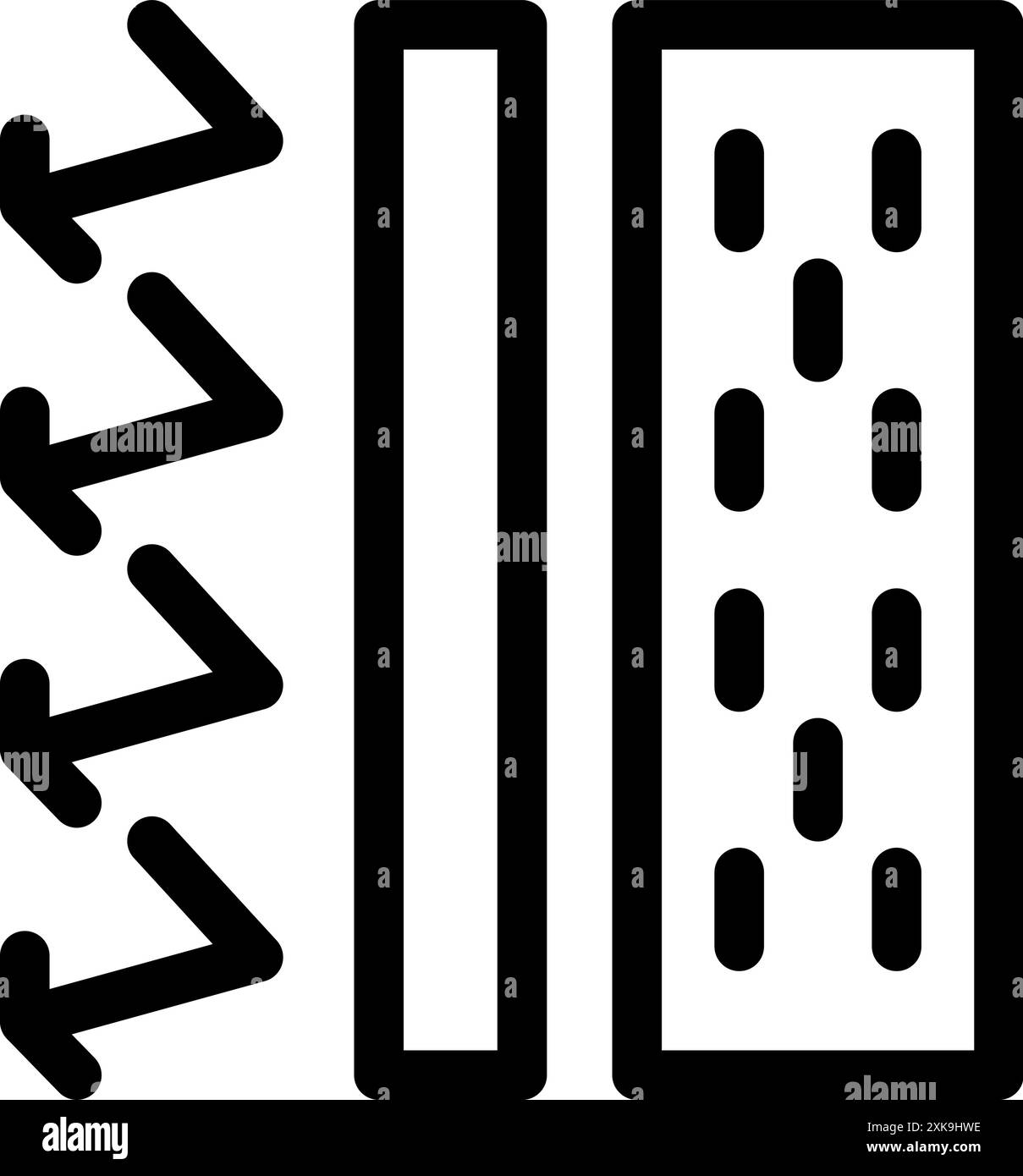 Icona a linea del trasferimento termico con frecce che mostrano il flusso di energia da un'area calda a un'area fredda attraverso un materiale Illustrazione Vettoriale