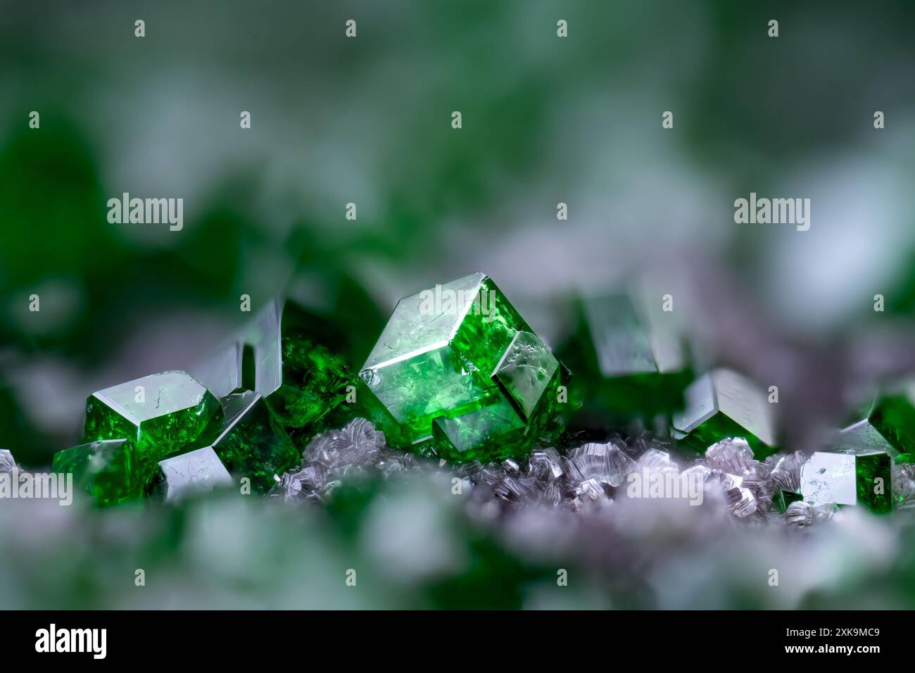 Cristalli di Uvarovite (granato cromato verde, gruppo di Ugrandite). Campione dall'Ucraina. Texture per micro fotografie dettagliate. primo piano lucidato semi- Foto Stock