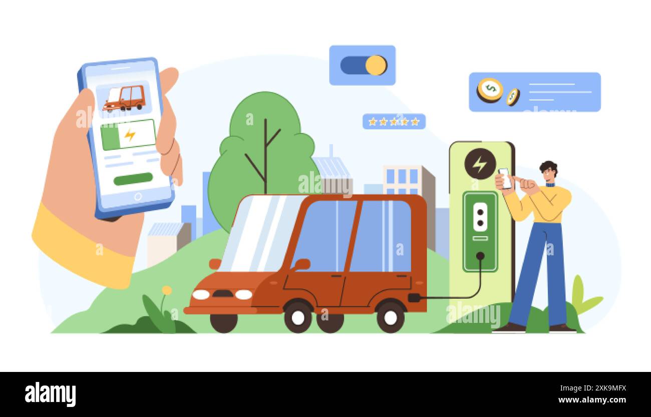 Flat MAN Character paga e carica l'auto elettrica alla stazione di ricarica ev tramite l'applicazione mobile sullo smartphone. Trasporti ecologici. Concetto di carburante ecologico. Veicoli ecologici. Punto di ricarica automatico Illustrazione Vettoriale