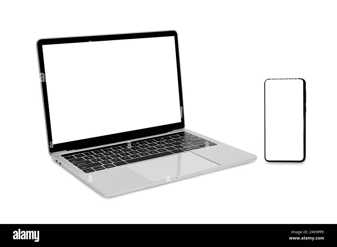 Kit di gadget con tecnologia moderna, modelli di presentazione con design reattivo. Mockup composto da computer portatile, smartphone isolato su sfondo bianco, copia spa Foto Stock