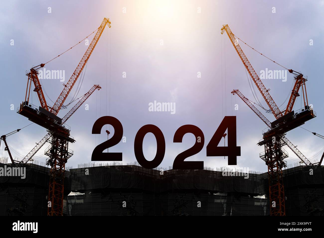Il personale Black silhouette lavora per prepararsi a dare il benvenuto al nuovo anno 2024. Grandi cantieri, molte gru da costruzione impostano i numeri vettoriali 2024. Foto Stock