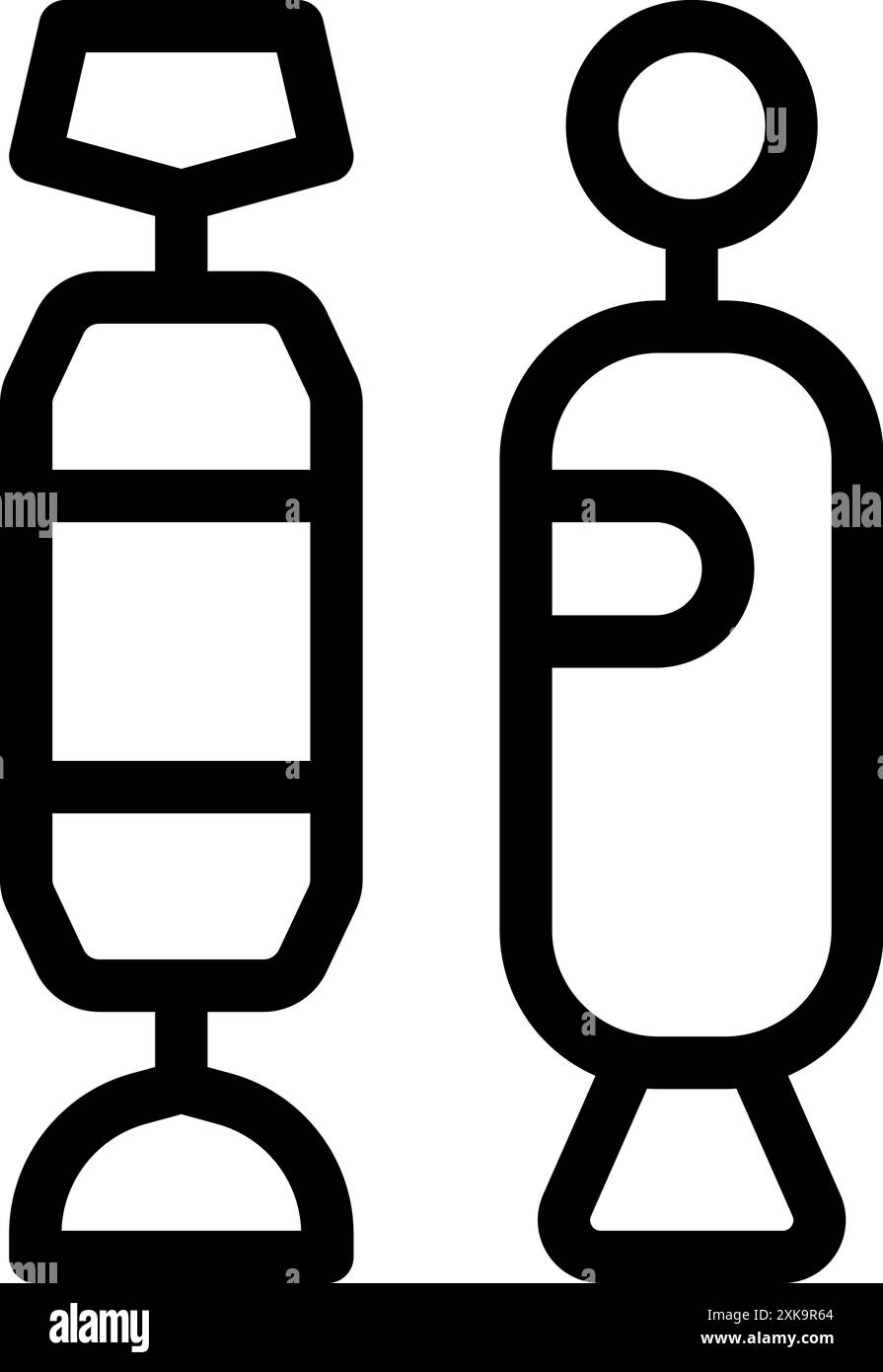Icona della line art di due pezzi di caramelle avvolti in foglio di alluminio, che mostrano forme e stili di imballaggio diversi Illustrazione Vettoriale