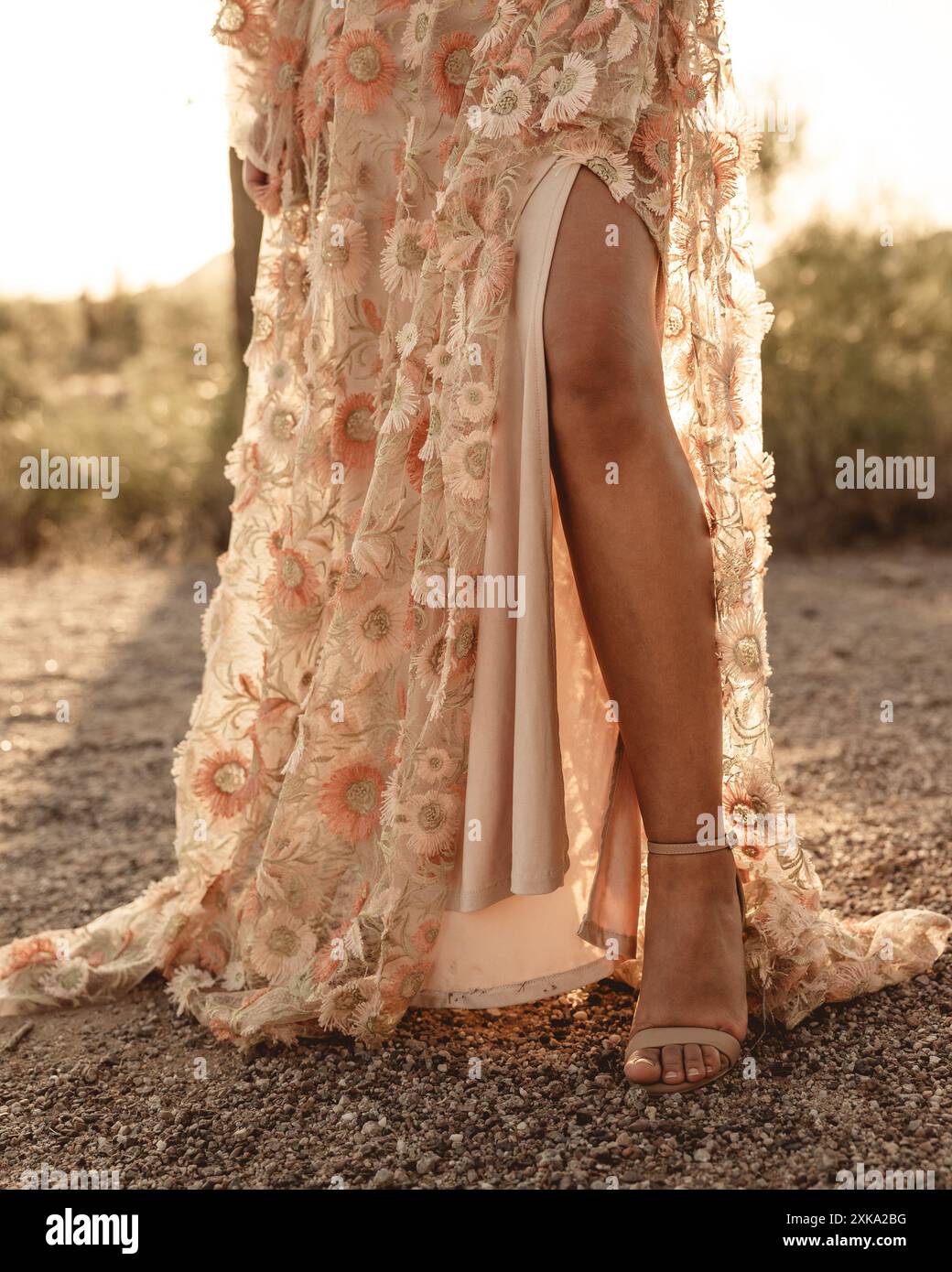 Gamba di donna in abito rosa alla luce calda del sole nel deserto Foto Stock