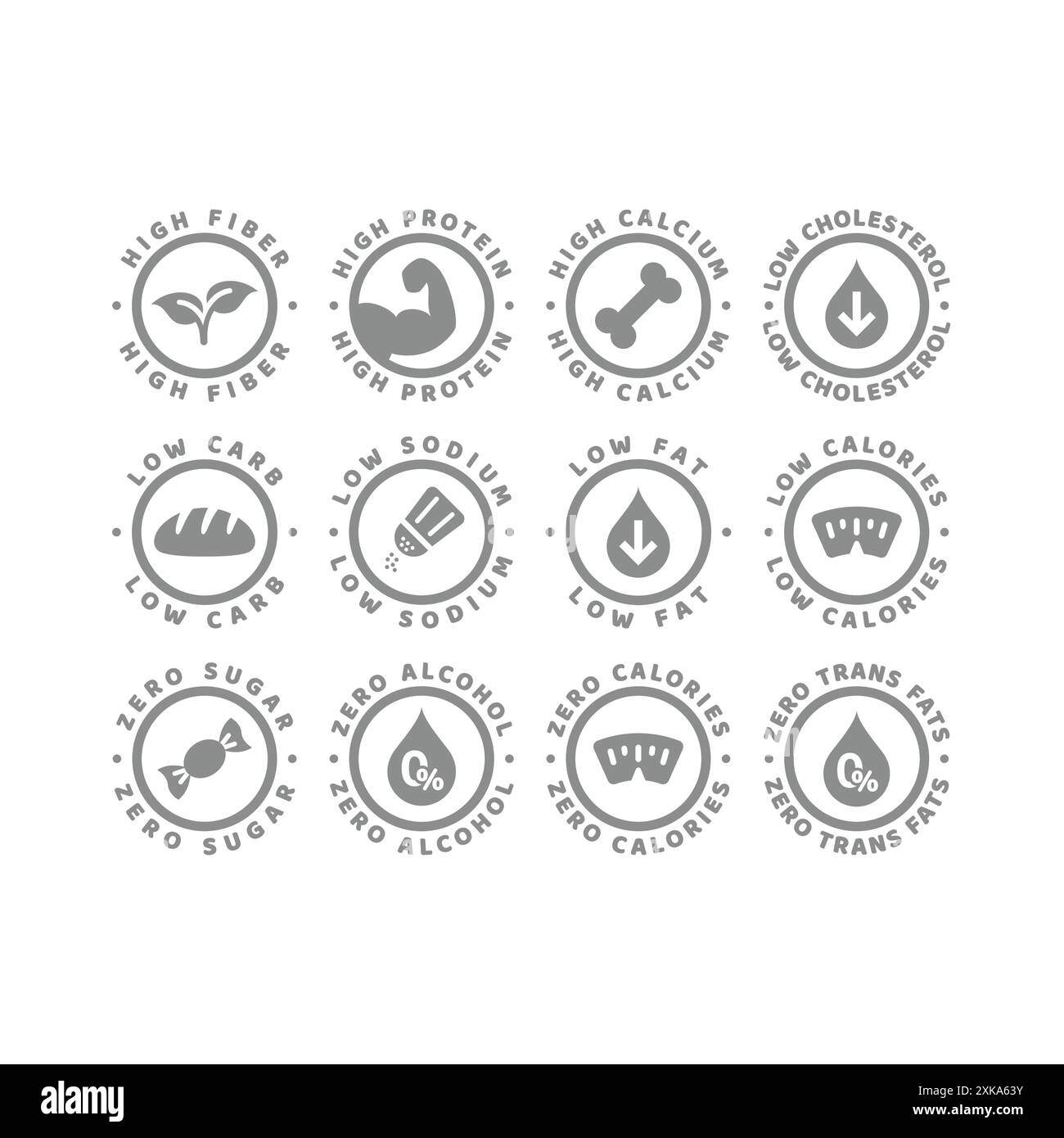 Set di etichette per alte proteine, basso contenuto di grassi e zero alcool. Etichette vettoriali a basso contenuto di carboidrati, fibre elevate e calcio. Illustrazione Vettoriale
