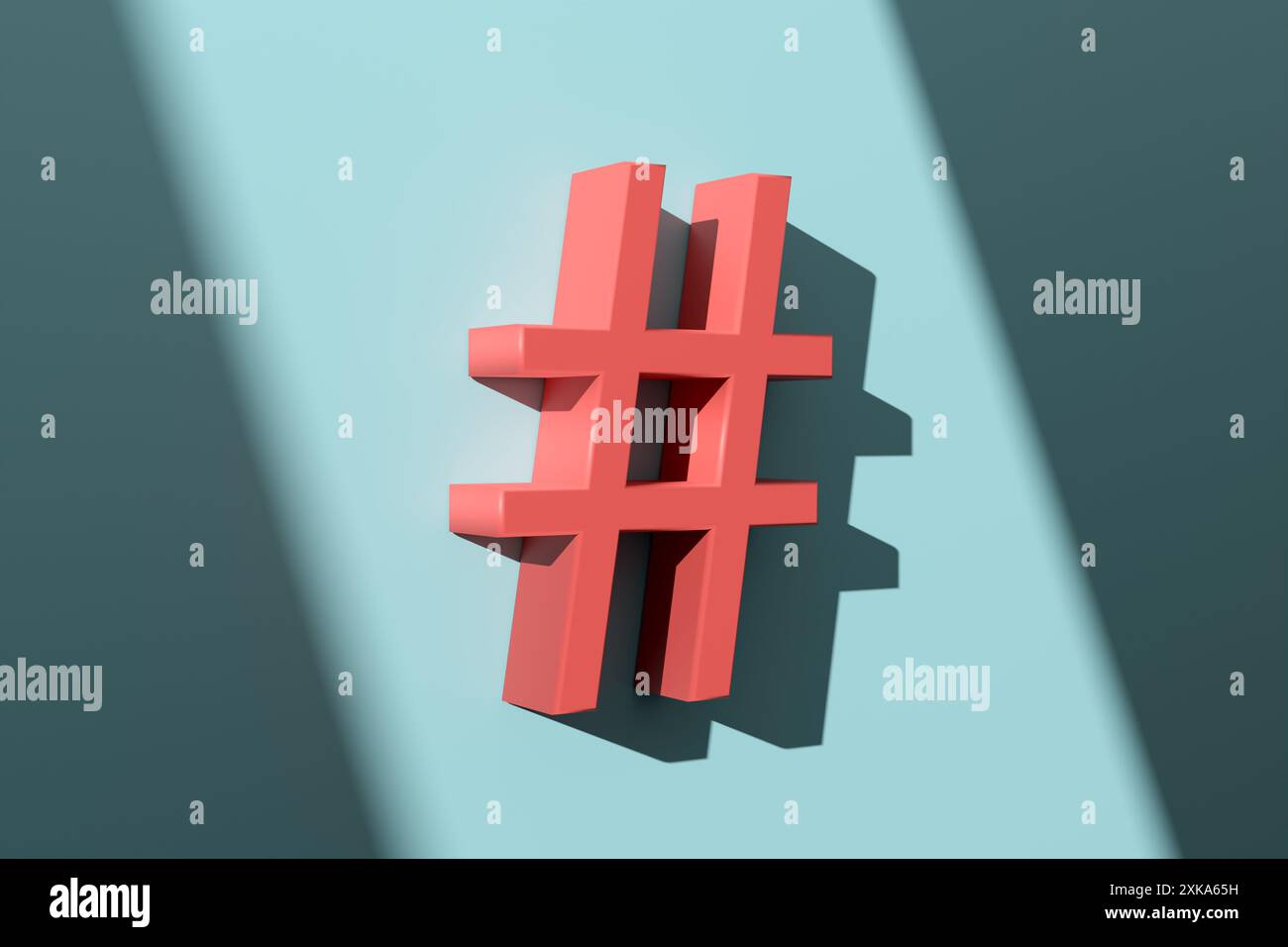 simbolo hashtag 3d appeso su sfondo blu. Concetto di social media e comunicazione online. rendering 3d. Foto Stock