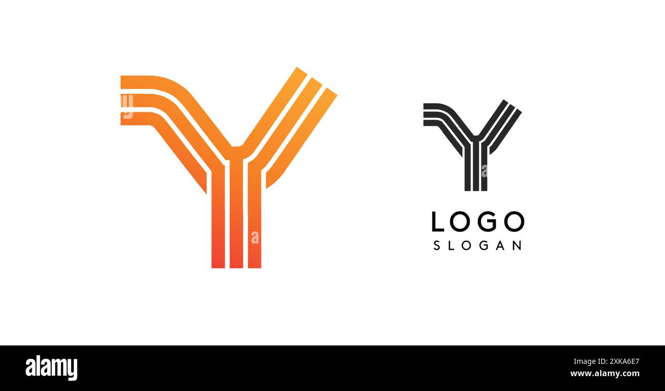Logo con lettera Y moderna astratta. Linee sfumate arancione e nero che creano un design elegante e minimalista per il marchio aziendale, l'identità e le aziende tecnologiche Illustrazione Vettoriale