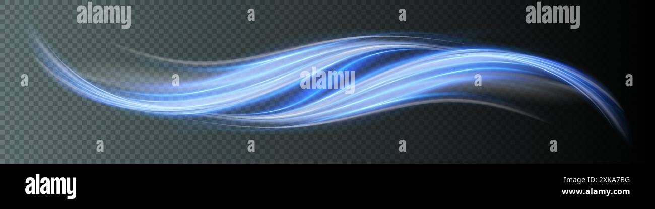 Morbide linee curve blu brillanti. Onde lucide vettoriali 3D. Effetto aria. isolato su sfondo trasparente. Illustrazione Vettoriale