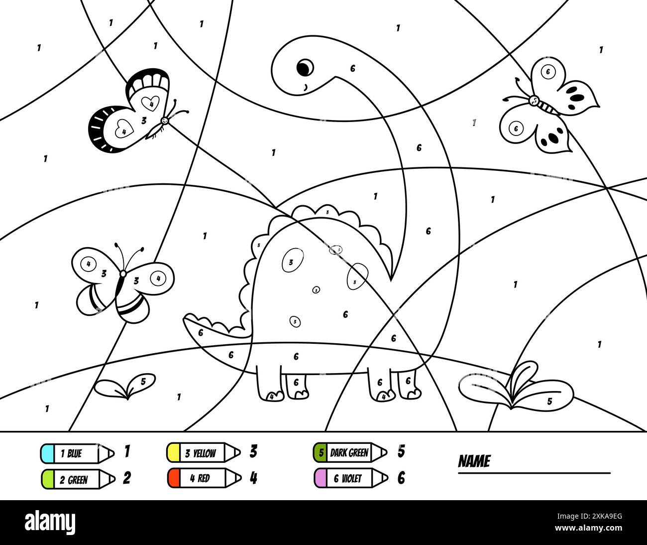 Dinosauro colore per numero attività. Pagina di colorazione dei dinosauri per bambini. Libro da colorare stampabile. Puzzle da colorare con numeri di colore. Illustrazione Vettoriale