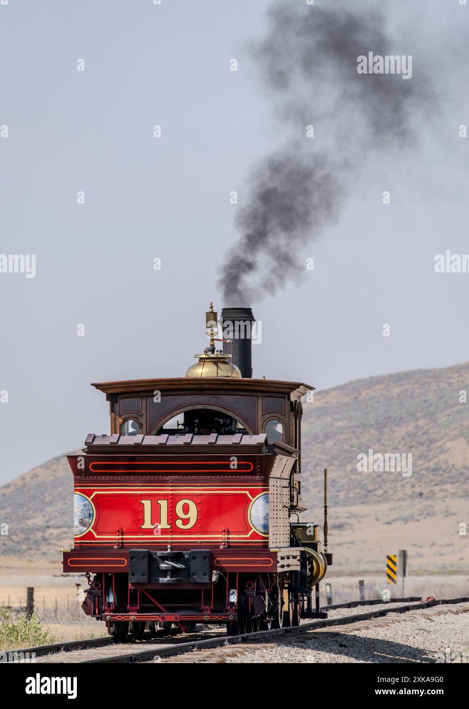Motore a vapore Union Pacific 119 funzionante presso il Golden Spike National Historical Park nello Utah. Foto Stock
