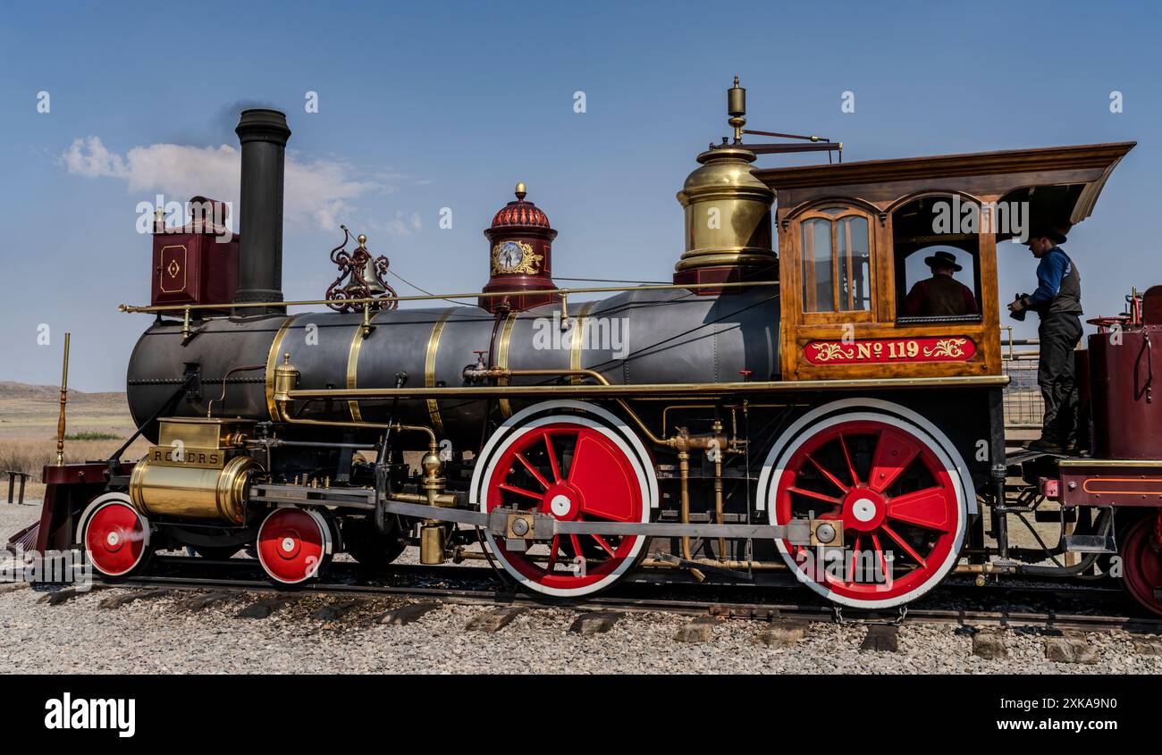Motore a vapore Union Pacific 119 funzionante presso il Golden Spike National Historical Park nello Utah. Foto Stock