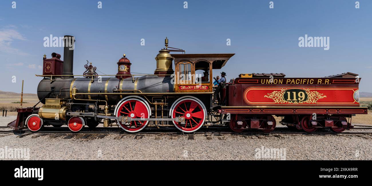 Motore a vapore Union Pacific 119 funzionante presso il Golden Spike National Historical Park nello Utah. Foto Stock