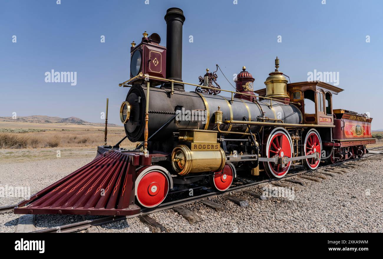 Motore a vapore Union Pacific 119 funzionante presso il Golden Spike National Historical Park nello Utah. Foto Stock