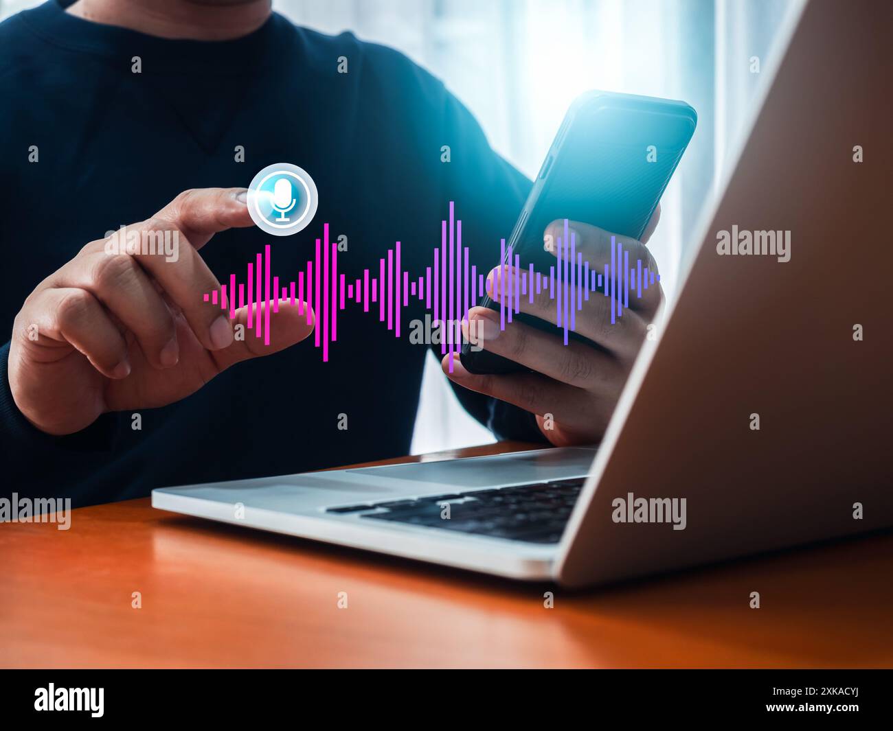 Concetto di tecnologia delle applicazioni di ricerca vocale per conversazioni. Robot di automazione dell'assistente conversazionale AI con grafica audio a onde sonore digitali su smartpho Foto Stock