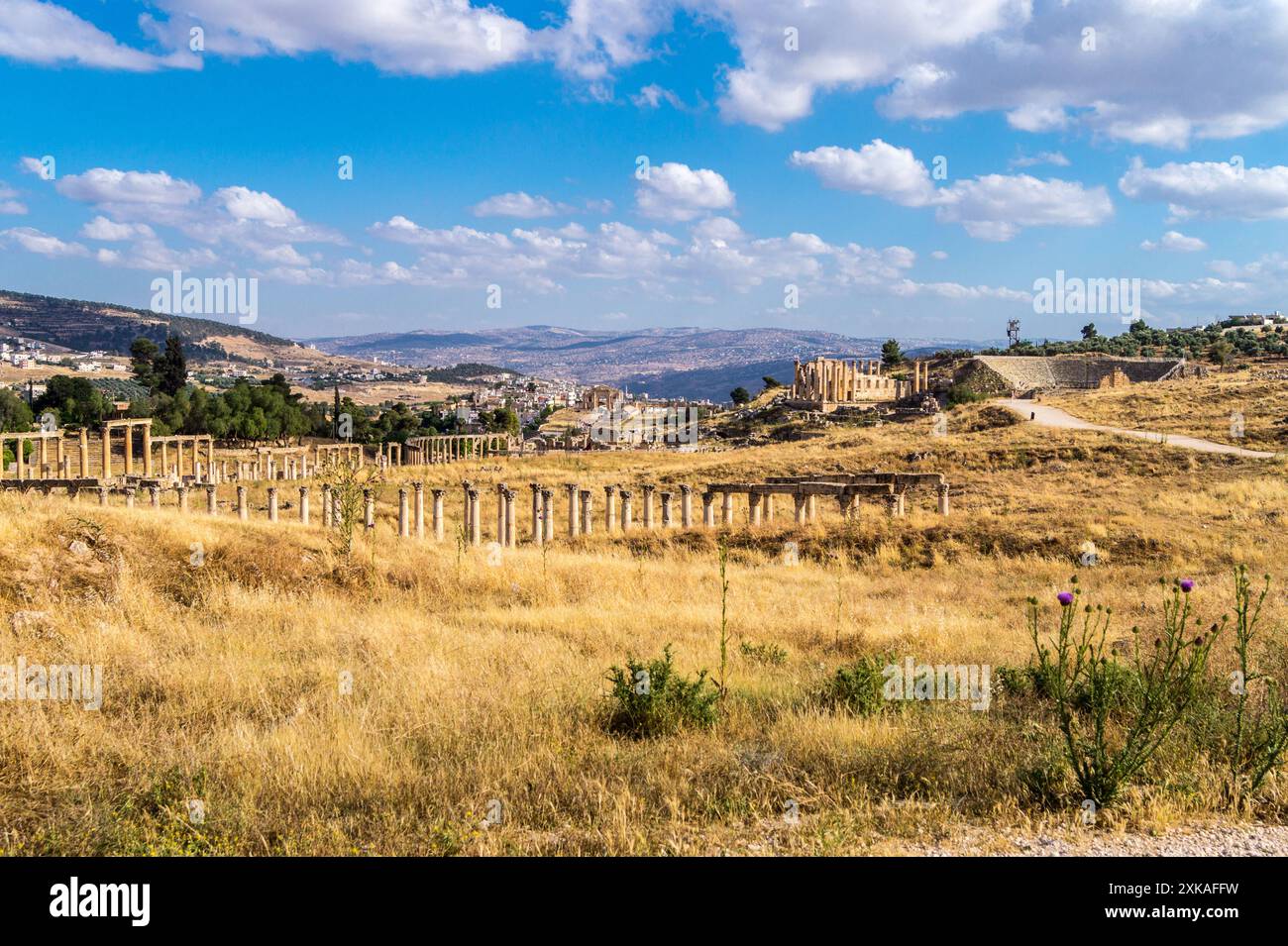 Terme di Placco, anfiteatro, Tempio di Zeus, Geraso (Gerasa), città romana, Giordania Foto Stock