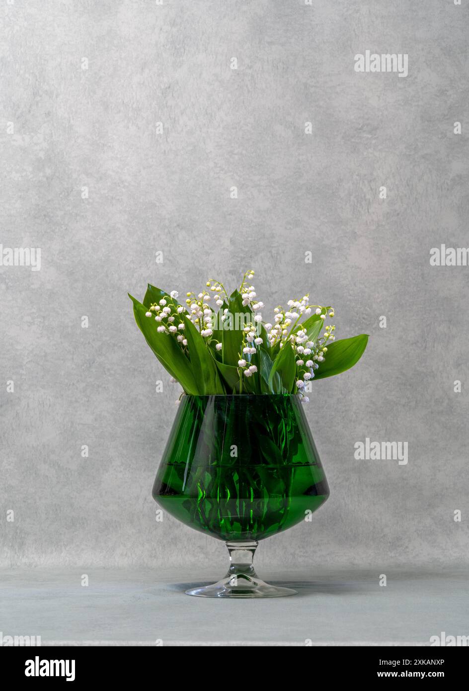 Fiori bianchi, gigli della valle in un vaso verde trasparente, un bicchiere, accanto ad esso si trova una sciarpa verde e tre palle verdi. Sfondo grigio. Abbondanza Foto Stock