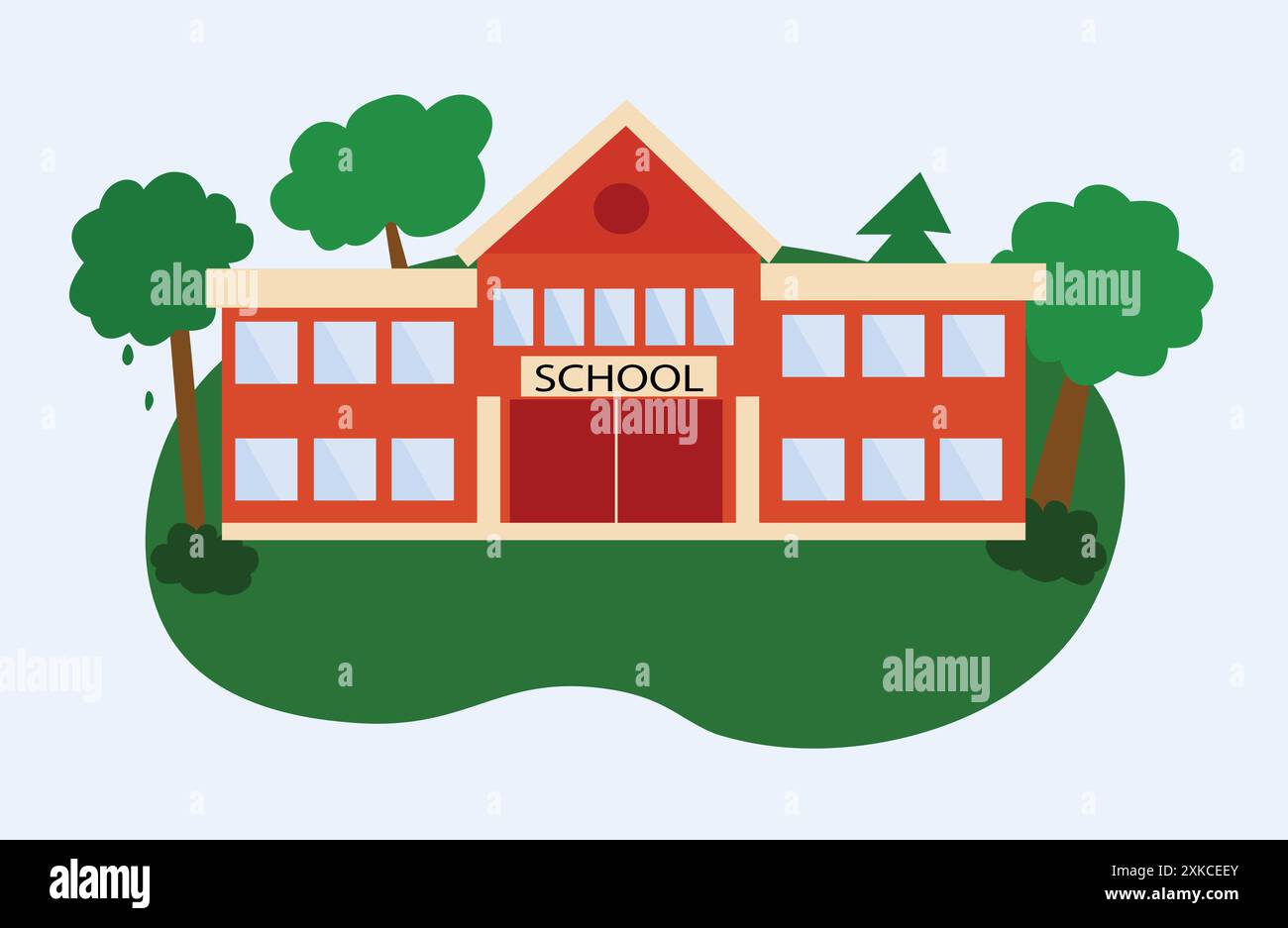 Illustrazione di un edificio scolastico circondato da alberi con un prato verde sullo sfondo Illustrazione Vettoriale