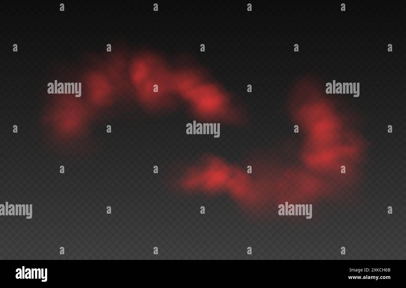 Fumo rosso, nebbia colorata, smog realistico, foschia, nebbia o effetto nuvoloso. Illustrazione Vettoriale