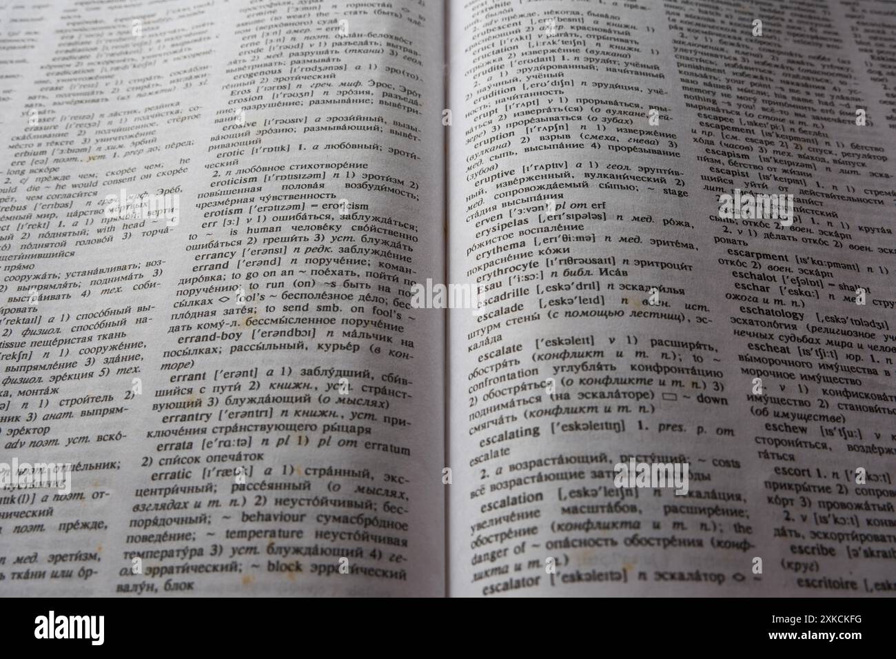 Primo piano delle pagine di un vecchio dizionario inglese-russo. Foto Stock