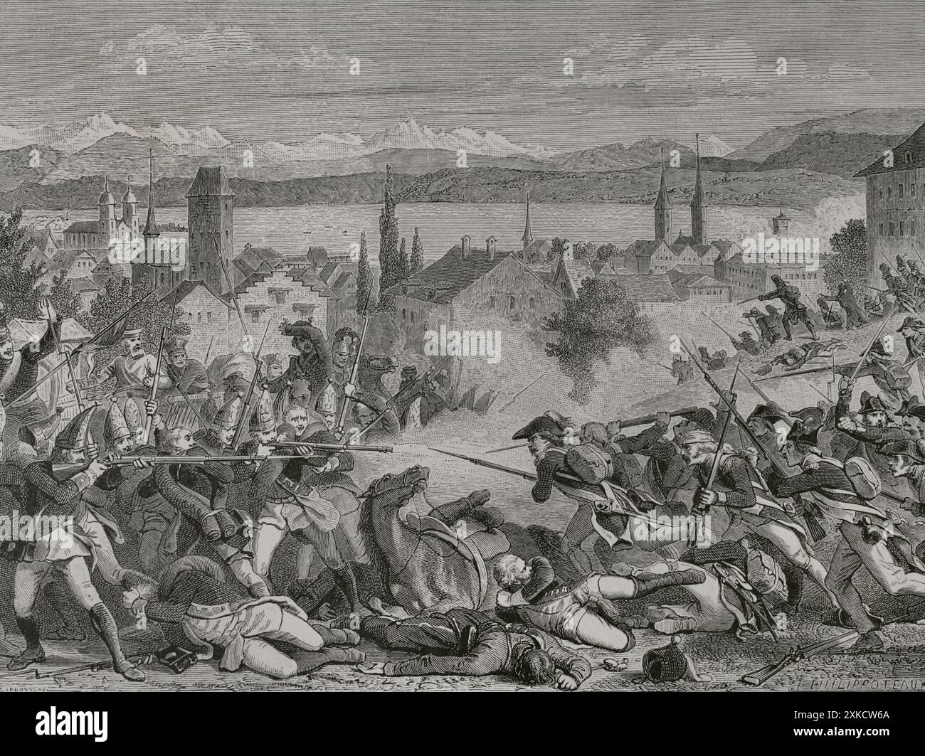 Guerre rivoluzionarie francesi. Seconda coalizione (1709-1802). "Battaglia di Zurigo". Le truppe francesi al comando del generale André Masséna (1758-1817) combatterono contro le truppe austriache dell'arciduca Carlo in una prima battaglia tra il 4 e il 6 giugno 1799, cedendo la città di Zurigo agli austriaci. In una seconda battaglia nei pressi di Zurigo il 25-26 settembre 1799, l'esercito di Massena sconfisse una forza combinata russo-austriaca al comando del generale Aleksandr Kórsakov (1753-1840). La Russia ha lasciato la seconda coalizione. Disegno di Philippoteaux. Incisione. "Storia della Rivoluzione francese". Volume i, seconda parte, 1879. Foto Stock