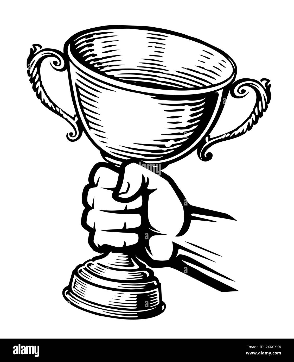 Coppa campione d'oro in mano. Cerimonia di premiazione. Illustrazione vettoriale del disegno di schizzo Illustrazione Vettoriale