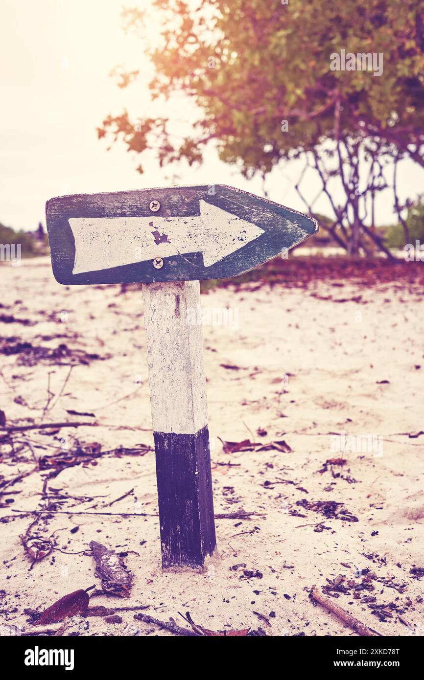 Freccia direzionale sulla spiaggia, messa a fuoco selettiva, tonalità colore applicata. Foto Stock