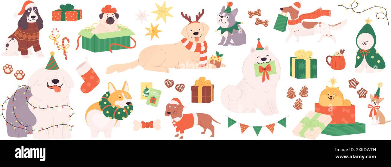 Cani di Natale. Simpatici cuccioli di festa in costumi e accessori per l'anno nuovo. Personaggi delle vacanze invernali, simpatici cani adesivi raccapriccianti clipart vettoriale Illustrazione Vettoriale