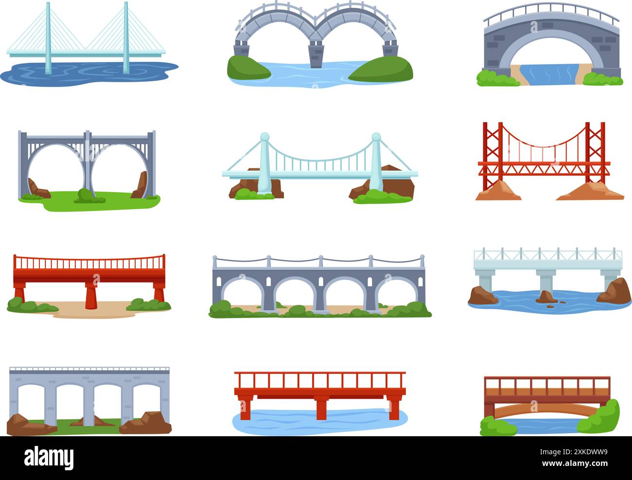 Ponti sul paesaggio naturale. Ponte sul fiume Canals creek. Elementi di architettura urbana, costruzioni moderne e piatte progettano un insieme vettoriale ormai esistente Illustrazione Vettoriale
