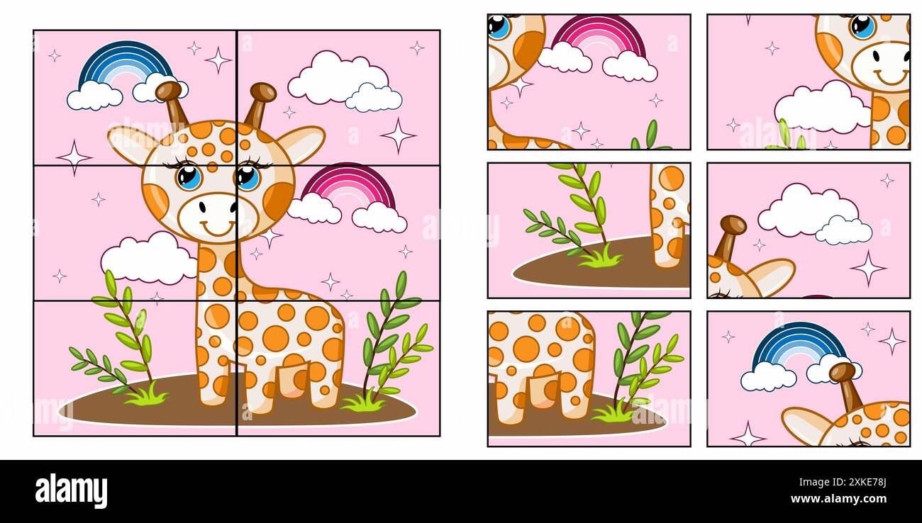 Gioco per bambini. Raccogliere una foto. Gioco educativo puzzle per bambini. Carino illustrazione vettoriale dei cartoni animati in piedi con cammello. Vettore di concetto della natura animale. Foto Stock