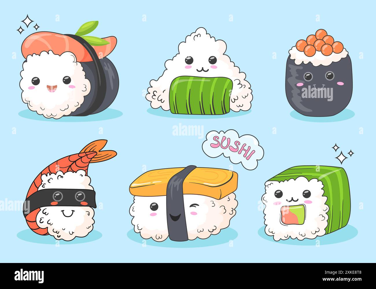 Sushi rotola i personaggi kawaii. Sushi sorridente simpatica e divertente mascotte, involtini di pesce con salsa di alghe di riso salmone sorriso faccia di cibo asiatico personaggio comico di doodle, grafica vettoriale ordinata degli autori Illustrazione Vettoriale