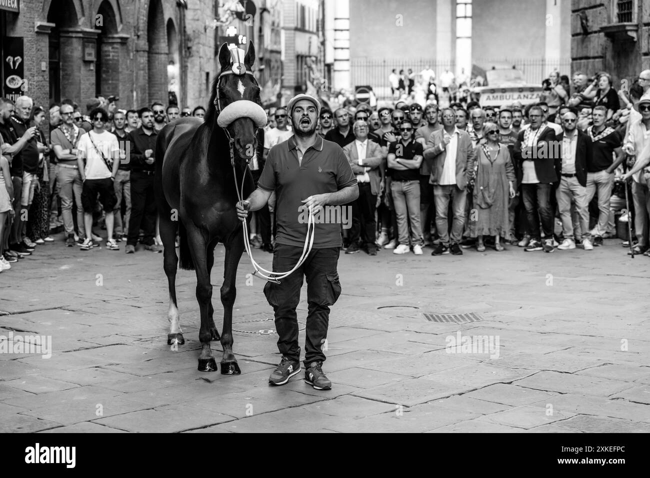 Il Leocorno Groom and Horse con la Contrada Escort nel backround aspettano di entrare in Piazza del campo per Una corsa di prova, il Palio, Siena, Italia. Foto Stock