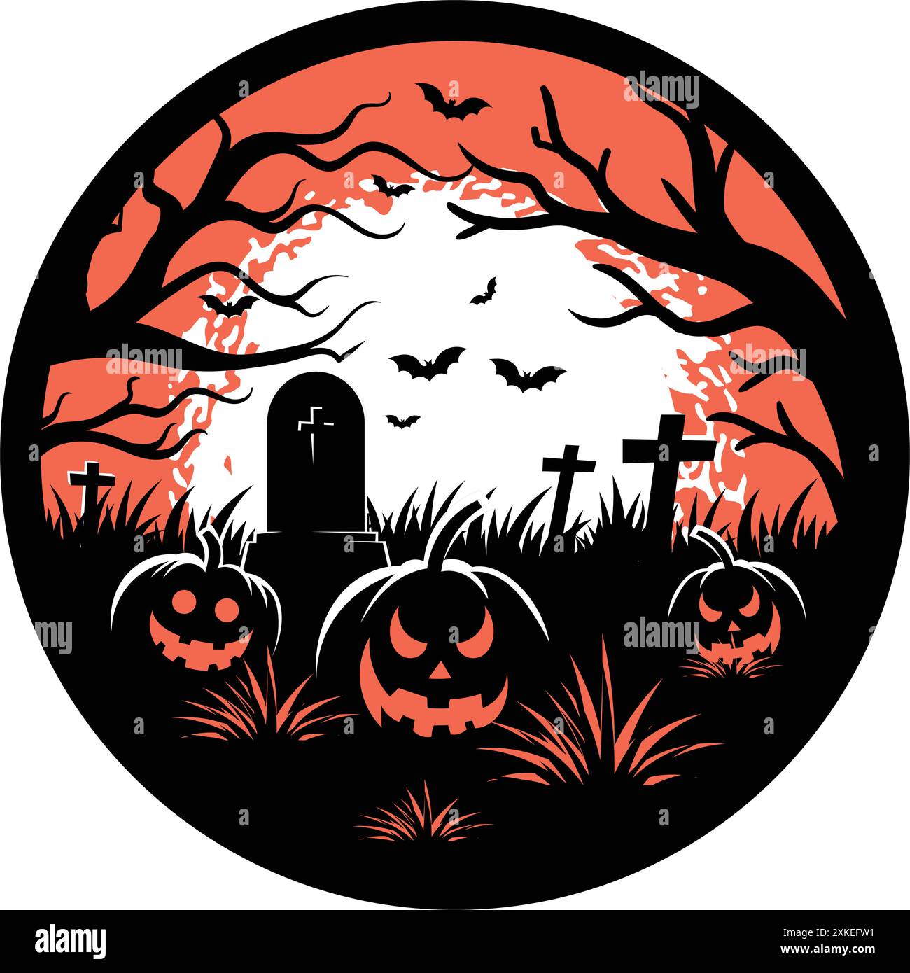 Adesivo o distintivo di Happy Halloween, paesaggio del cimitero notturno arancione con alberi, pietre tombali e zucche spaventose Illustrazione Vettoriale