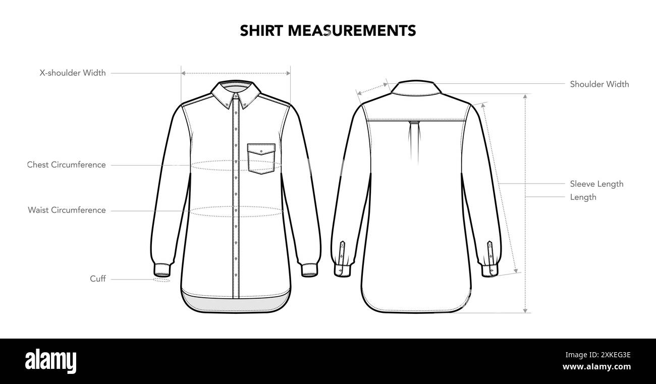 Set di misure camicia, lunghezza, larghezza, circonferenza, illustrazione tecnica alla moda. Modello abbigliamento piatto, vista anteriore, posteriore. Donne, uomini, CAD unisex, mockup isolato su sfondo bianco Illustrazione Vettoriale