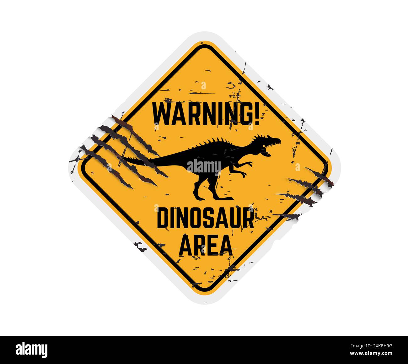 Cartello di avvertimento di dinosauro Vector Grungy giallo e nero a forma di rombo con la silhouette ruggente di Spinosaurus e graffi con il marchio dell'artiglio. cau in difficoltà Illustrazione Vettoriale