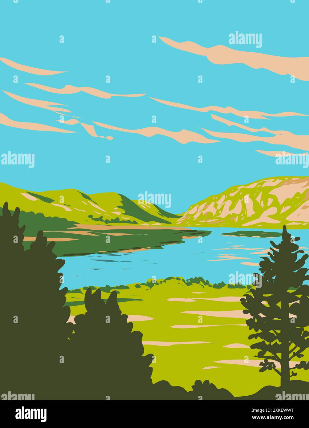 WPA poster art di Lough Veagh al Glenveagh National Park situato nella Contea di Donegal nella Repubblica d'Irlanda fatto in lavori di amministrazione di progetto o. Illustrazione Vettoriale