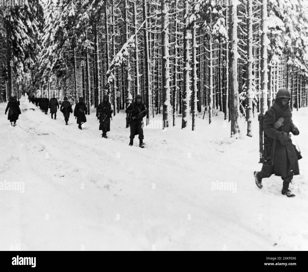 St. Vith, Belgio, 2 febbraio, 1945 75 fanteria della Divisione avanzano per avanzare nelle posizioni nei boschi belgi vicino a St. Vith, e l'area attraverso la quale questi uomini stanno marciando è ora sotto il fuoco di un proiettile. Foto Stock