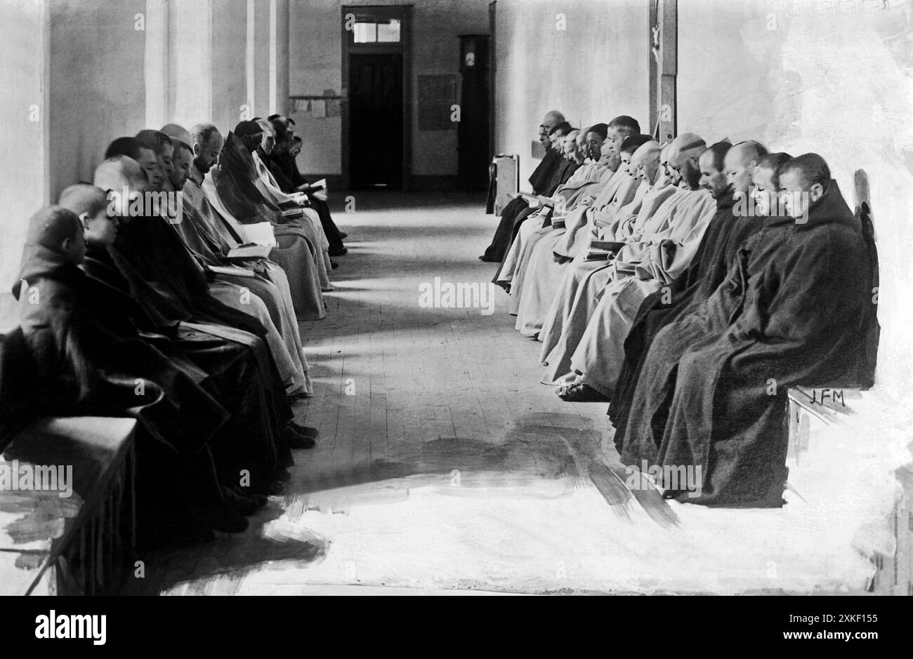 Bardstown, Kentucky c. 1917 Una fotografia che mostra i monaci dell'Abbazia di nostra Signora di Gethsemani, un monastero fondato nel 1848 vicino a Bardstown, Kentucky. Il monastero fa parte dell'ordine dei Cistercensi della rigorosa osservanza, noto anche come Trappisti. Foto Stock